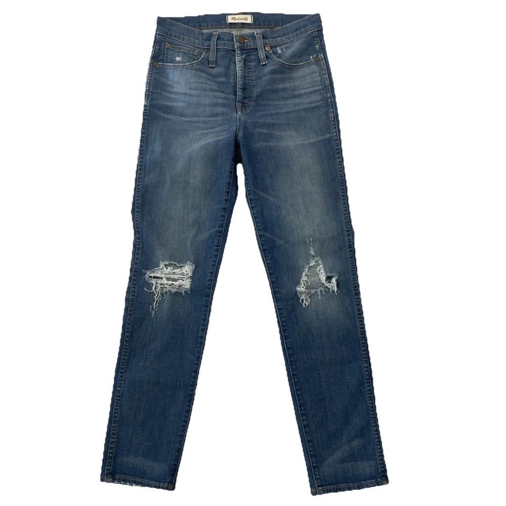 Madewell Mid-Rise Slim Straight Blue Jeans Women's Sz 28 Distressed Whiskers EUC